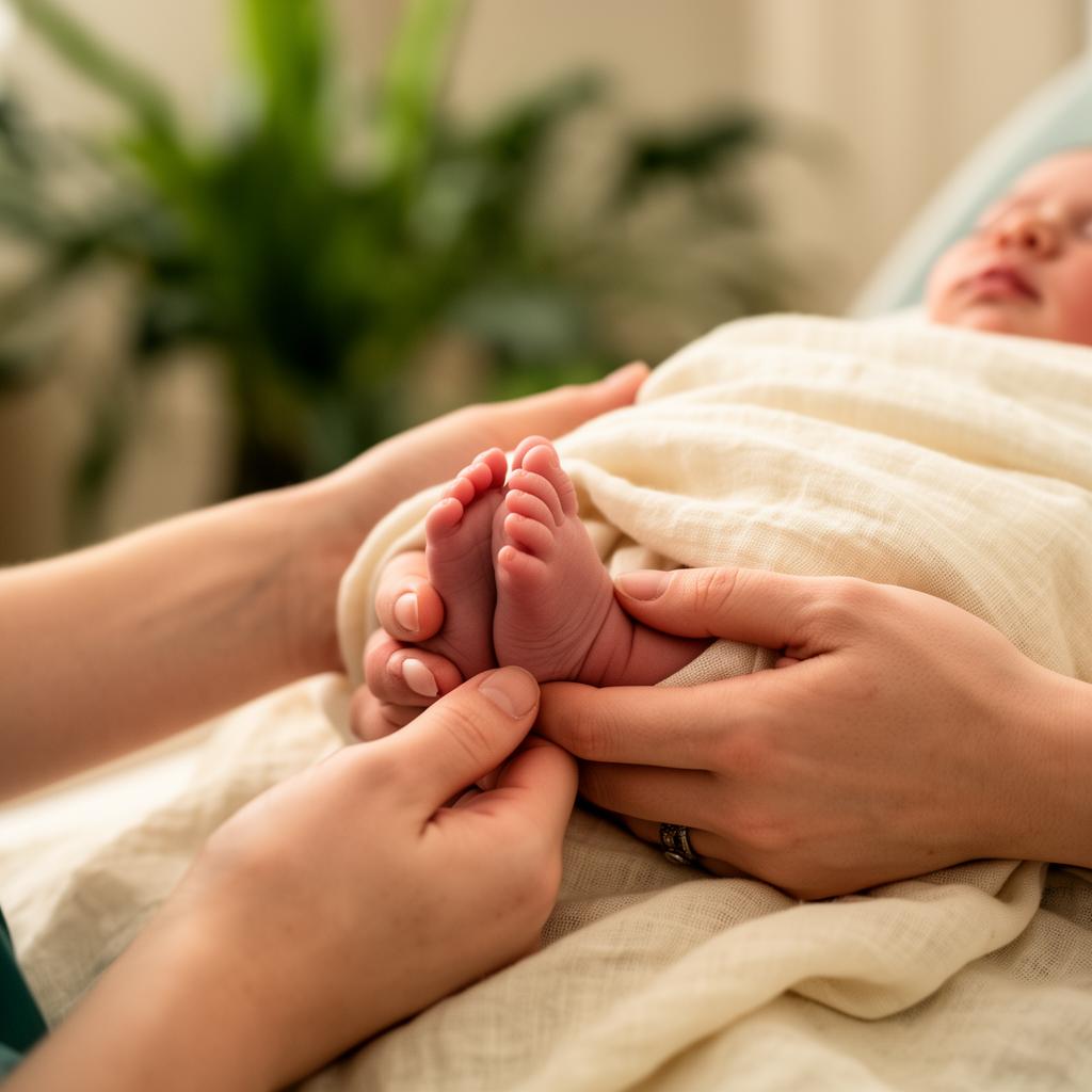 Midwife hands gently holding newborn
